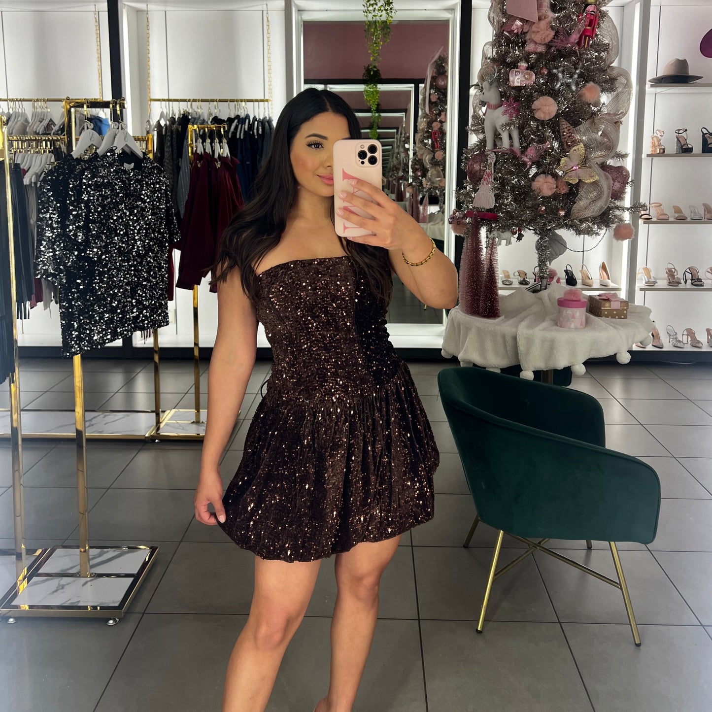 Kaylee Sequin Dress-BROWN